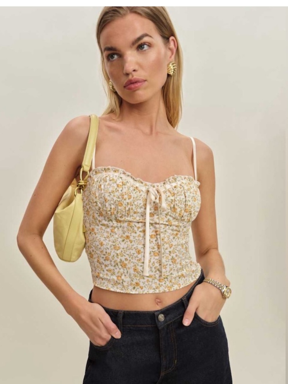 Reformation Lima Tank Yellow Floral Sweetheart Crop Camisole